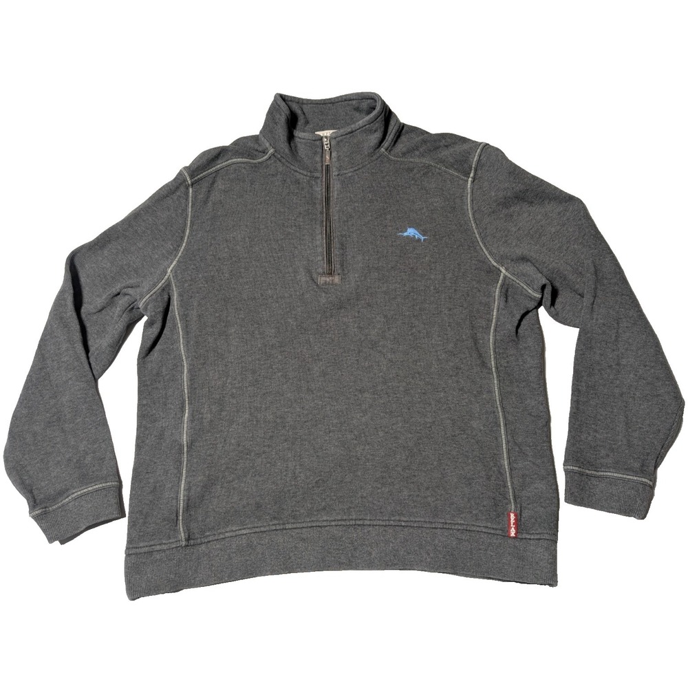 TOMMY BAHAMA RELAX Men Medium Gray SAILFISH Crest Cotton 1/4 Zip Sweater